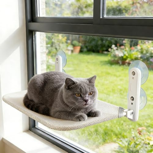 POONGURY Cama para Gatos en Ventana, Hamaca Colgante para con 4 ventosas Fuertes, Asiento de Malla Transpirable, Cama cómoda para Gatos de Interior para Tomar el Sol y Relajarse