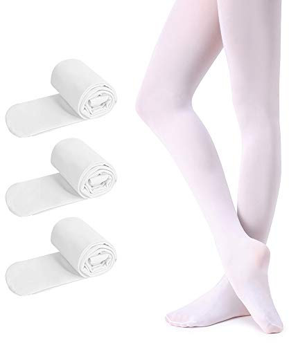 Soudittur Ballett Strumpfhose für Mädchen und Damen mit Fuß Ultra-Stretch, 3 Paar Weiß, Gr.- L (140-165 cm)