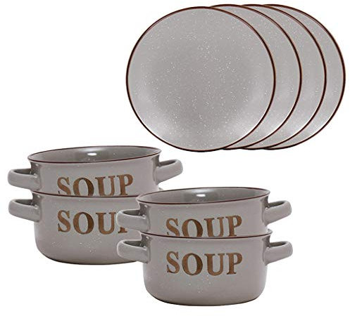 Set of 4 Grey Stoneware Ceramic Soup Bowl and Bread Plates Dishwasher Safe Crockery