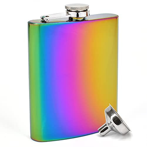 Clear Water Home Goods - 8 oz Rainbow Electroplated Stainless Steel Hip Flask w/Funnel - Wedding Party - Groomsman - Bridesmaid