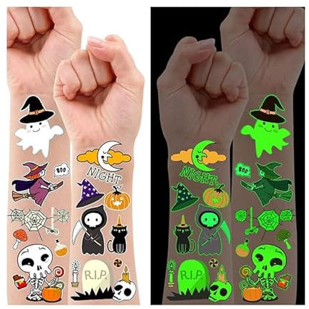 Leesgel Tattoo Kinder Halloween Deko, 10 Blatt Leucht Fake Tattoos Temporäre Tattoo Stickers Kindertattoos Aufkleber für Halloween Dekoration, Mitgebsel Kindergeburtstag Halloween Party Zubehör