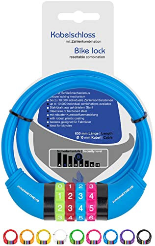 PROMETHEUS BICYCLES Fahrradschloss für Kinder Kabel-Schloss Zahlen-Code für Kinderfahrrad Laufrad 650 mm in Blau