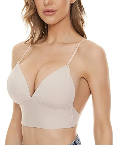 Low Back Bras Wirefree Deep V Plunge Multiway Convertible Spaghetti strap Backless Bras for Women Beige