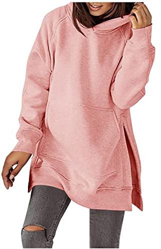 TURWXGSO Kapuzenpullover Damen Lang Hoodie mit Kapuze Split Tasche Elegant Schlitz Sportshirt Longshirt Einfarbig Loose Sweatshirt Freizeit Oberteile Top Frauen Teenager Mädchen Y2K Casual Bluse