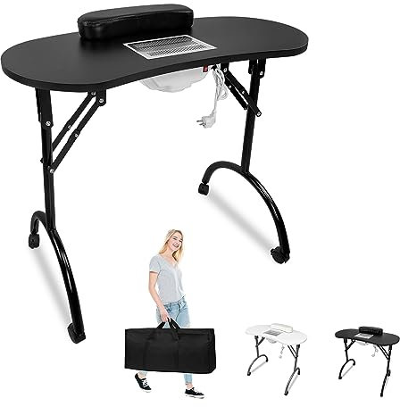 YARDIN Nageltisch Maniküretisch mit Absaugung, Schwarz Mobilesmanikürtisch Faltbare mit Nagelstaubsauger, Rollen und Handgelenkkissen für Staubabsaugung Nagelstudio, 90 x 37 x 77 cm