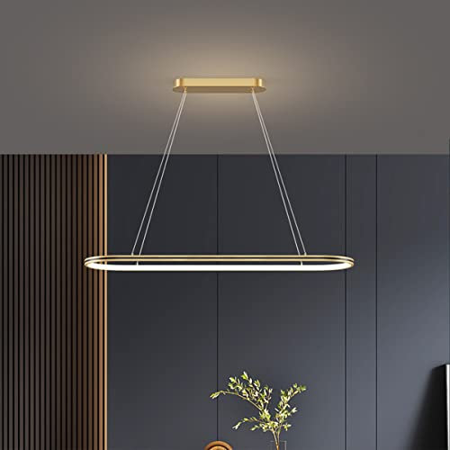Bellastein Moderne Esstisch Pendelleuchte LED Dimmbar Hängelampe Oval Höhenverstellbarer Kronleuchter mit Fernbedienung Esszimmer Hängeleuchte Kreativität Küche Wohnzimmer Lampe (Gold, L80cm/30W)