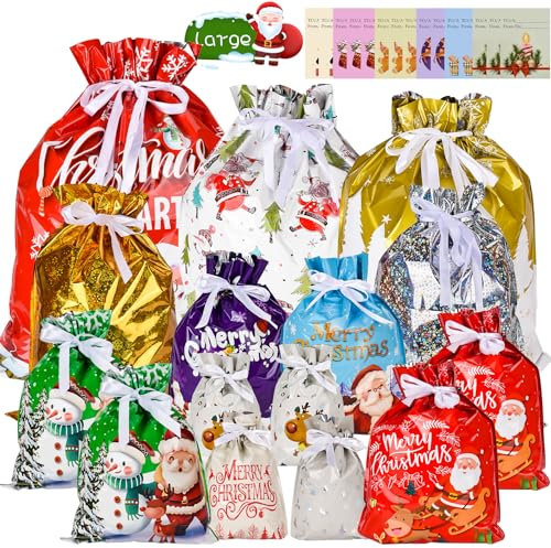 Weihnachts Geschenkbeutel mit Kordelzug, 15 Stück Weihnachtsgeschenkbeutel mit 15 Anhängern, 7 Designs 5 Größen Geschenkbeutel, Wiederverwendbare Weihnachts-Geschenkbeutel mit Kordelzug für Geschenke