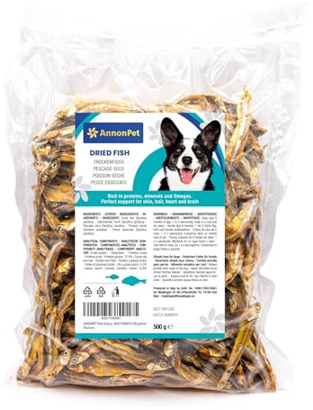 AnnonPet® Getrockneter Fisch für Hunde Natürliche Snacks ideal als Belohnung für Hundetraining. Kauspielzeug für Hunde. Maxi Format 500 Gramm