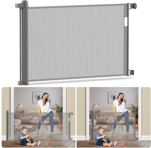 Kidsgigglz Barrière de Sécurité Rétractable, 180cm Barrières d’escaliers et Portes pour Bébé Chien, Barriere de Securite Enfant Enroulable, Entrées Tissu Mesh pour Escalier, Intérieur Extérieur, Gris