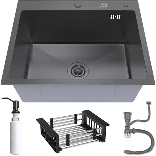 ANW HOME Évier de Cuisine Graphite 60x50 cm Avec Siphon, Panier Égouttoir et Distributeur de Savon de 350 ml, Évier de Cuisine en Acier Inoxydable 304 avec 2 Trous pour Robinet