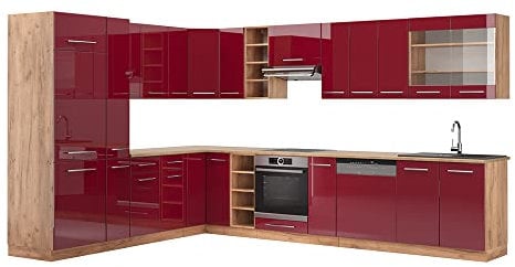Vicco Eckküche Fame-Line, Bordeaux Hochglanz/Goldkraft Eiche, 257 x 60 cm, AP Eiche