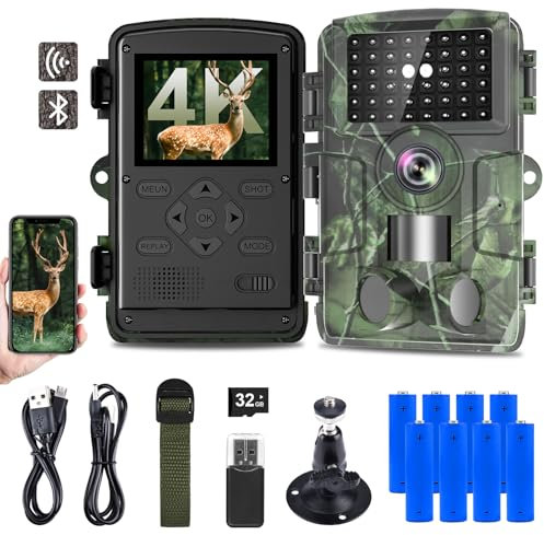 Camera de Chasse, Camera Chasse HD 4K/60MP avec App Mobile, Détecteur de Mouvement, Vision Nocturne, Temps de Déclenchement de 0,05s, Caméra IR Pour Animaux Sauvages avec Carte SD 32GB et 8*Piles AA