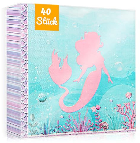 WenmthG 40 Stück Servietten Meerjungfrau Kindergeburtstag Deko 33 x 33 cm - 40 Servietten Geburtstag Kinder weich Kein abfärben, Meerjungfrau Servietten Deko