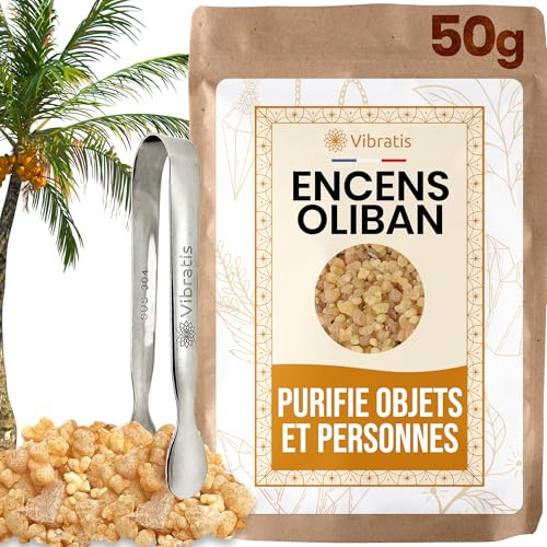 VIBRATIS Weihrauch Olibanum in Körnern 50g mit Klammer - 100% Naturharz Boswellia Carterrii Premium-Qualität - Sehr Starke spirituelle Kräfte