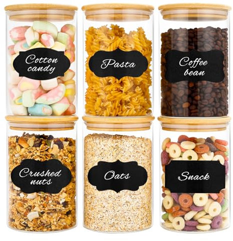 37oz Glass Jars with Bamboo Lids 6 Pack, Clear Airtight Food Glass Storage Jars, Round Durable Kitchen Glass Storage Containers for Noodles Flour Cereal Rice Sugar Tea Coffee Beans Candy 1100ml