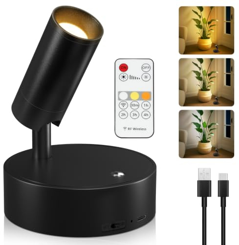 Kimjo Aplique Pared Interior sin Cable Recargable, Lámpara de Pared Negro | USB Focos de Pared de Interior a Pilas, 350° Giratorio Foco LED Inalámbrico con Mando a Distancia para Planta, Obra Arte