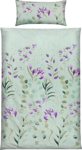 Erwin Müller Mako-Satin Bettwäsche Blumen und Blätter Jade Größe 40x80 cm / 135x200 cm - mit Digitaldruck, seidig weiche Qualität, temperaturausgleichend, mit Reißverschluss