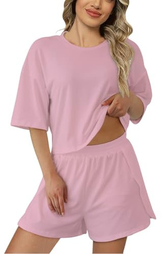 Generisch Survêtement sportif 2 pièces pour femme - Survêtement de sport - Léger et confortable - Col rond - Manches courtes - T-shirt et short avec fente - Couleur unie - Décontracté, Rose, M