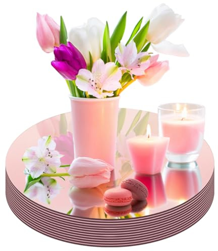Round Mirror Centerpiece Plates, Acrylic Glass, 12 Pack, Decorative Circle Tray for Wedding Table, Party, Christmas Decor (Rose Gold-10inch)