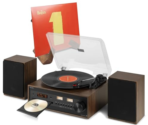 Audizio Boston Record Player with CD Player, Speakers, LP Stand, Bluetooth | DAB Radio, 3-speed turntable, retro vinyl display mount, VU meters, stereo speakers