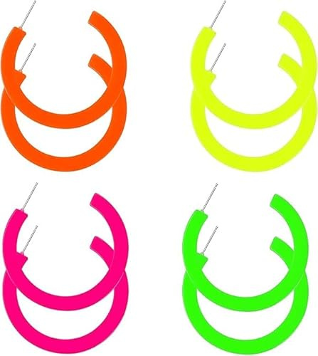 Neon Ohrringe Damen 4 Stück C-Form Mode Dicke Hoop Earrings Ohrringe Karneval Party 90er Jahre Outfit Kostümzubehör