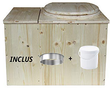 Toilette sèche avec bac à copeaux de bois intégré, Livré monté avec seau 20L plastique alimentaire et bavette de protection inox - Fabrication artisanale Française - N2