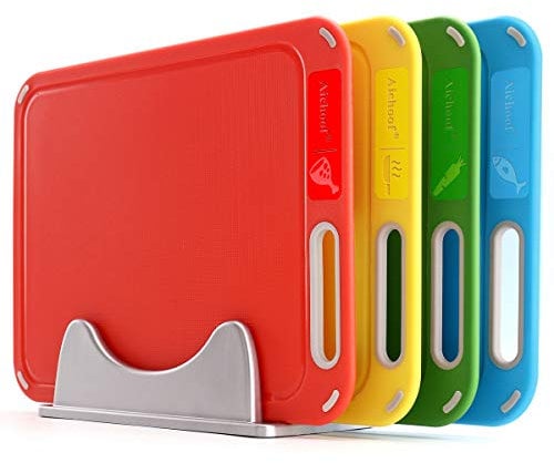 Plastic Chopping Boards with Storage Stand, BPA Free, 4 Packs Prevents Cross Contamination of Different Food, Dishwasher Safe