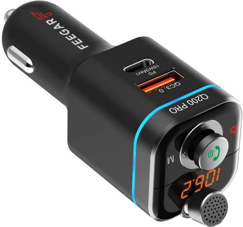 Feegar Q200 Bluetooth 5.0 FM Transmitter Kit QC4 PD SD MP3 USB-C 12-24V Ladegerät 42W (max.) 87,5-108,0 MHz FM Typ C Anschluss PD 20W Einstellbares Mikrofon HD Bass Boost Surround Effect
