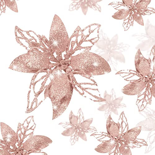 Boao 24 Pieces Christmas Glitter Artificial Poinsettia Flowers Christmas Flowers Decorations Wedding Xmas Tree New Year Ornaments (Rose Gold)