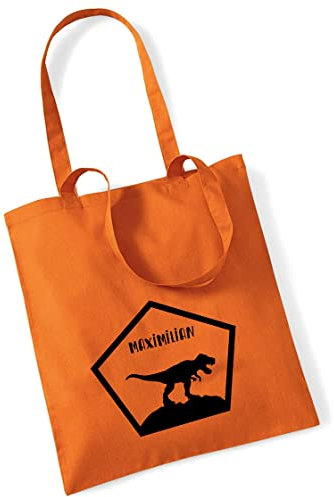 Stofftasche Dinosaurier T-Rex personalisiert | mit Namen bedruckter Jutebeutel Stoffbeutel für Jungen | Dino-Design Kinder-Tasche Schule, KiTa (orange)