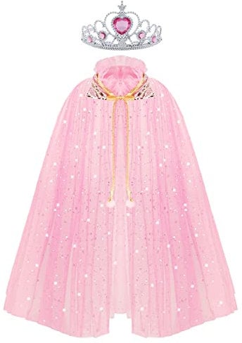 ACWOO Princess Cape for Girls, Colorful Princess Cloak with Crown, Princess Elsa Fancy Dress Up Sparkling Sequins Tulle Princess Cape Set for Halloween Birthday Party Cosplay (Pink, M)