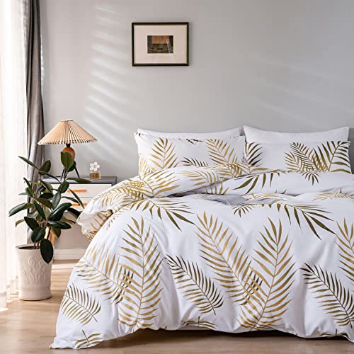Hwalleum Housse de Couette 200x200 Nordique Minimaliste Style Parure de Lit avec Imprimé Feuillage,Double Taille Sets de Housses de couettes avec 2 Taie d'oreiller,Motif Plantes Tropicales