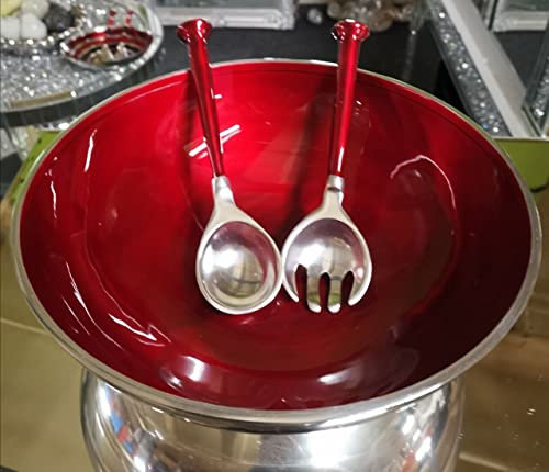 TEH Enamelled Kitchen Salad Bowl with Servers XL Hand Made Enamel Aluminium, Zing Striped, Rainbow Funky Multicoloured Red, Lime Green, Blue, Graphite Grey, Silver (Red)