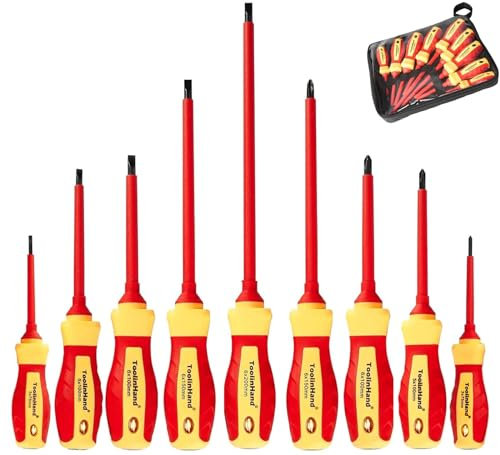 ToolinHand 9 PCS 1000V Insulated Electrical Screwdriver Set, 4 Phillips and 5 Slotted Screwdrivers, with Voltage Tester, CR-V Magnetic Tips, Professional Electrician Electrical Screwdriver Tool Set