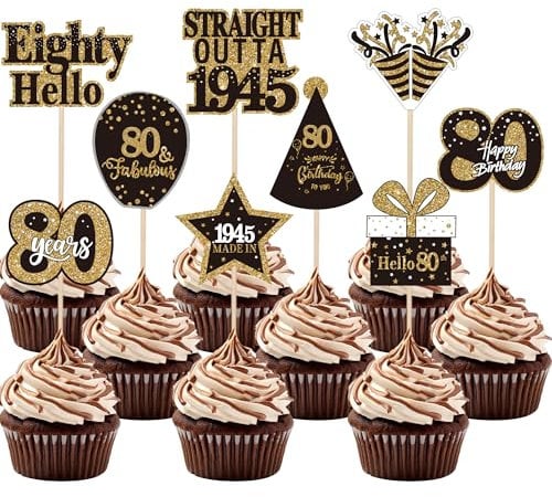 Xsstarmi 36 Pack 80th Birthday Cupcake Toppers Double Printed Eighty Hello 80th Straight Outta 1945 Cupcake Picks for Cheers to 80 Years 80th Birthday Wedding Party Decoration Supplies