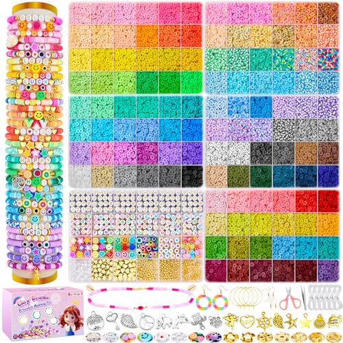 Besdiyart Clay Beads Bracelet Making Kit, 120 Colors 6 Boxes Polymer Clay Beads for Friendship Bracelet Kit, Spacer Heishi Beads for Jewelry Making with Letter Beads,Charms Gift for Kids Adults