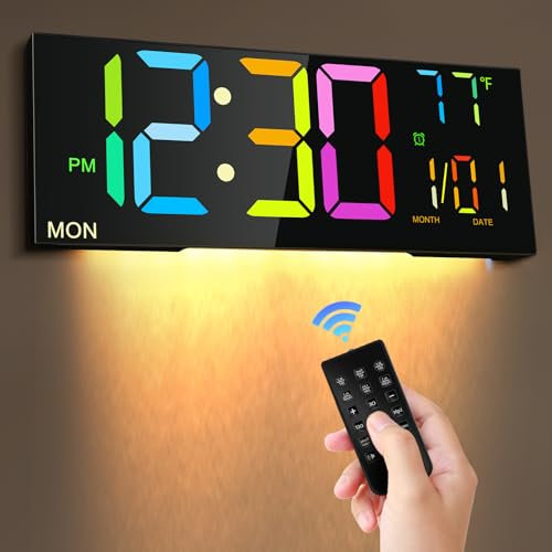 Shinkuro 8 Colors Digital LED Wall Clock, 16.2 Large Digital Clock with Temperature, Alarm, Auto Brightness, Date, Auto DST, Temperature, 24/12-hour Wall Clock for Bedroom Office Kitchen Home School