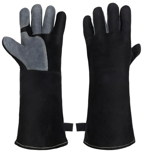 AUAUY Negro Guantes de Trabajo, Largos de Cuero Resistentes Al Calor Guantes Electricista Soldador, Guantes Trabajo Hombre y Mujeres, Guantes Anticorte Mechanix para Barbacoa, JardineríA, Horno