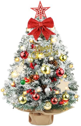 YSWOVUO Mini Sapin de Noël Lumineux 60cm, Artificiel avec Ornements et Floqué de Neige, pour Décoration de Table et Bureau
