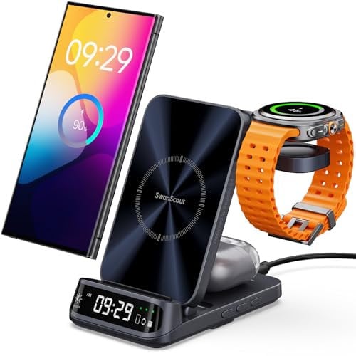 Charging Station for Samsung, Wireless Charger for Galaxy Z Fold 7/Z Flip 7/S25 Ultra/S25+/S25/S24 Ultra/S23/S22, for Galaxy Watch7/Ultra/6/6 Classic/5/4/Galaxy Buds3 Pro, SwanScout 708S (No Adapter)