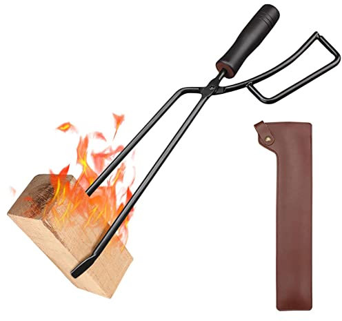 Holzzange Kamin mit Holzgriffen und PU Leder Lang 40cm für Holz und Briketts, Edelstahl Kaminholzzange - Kaminpaare Einhand