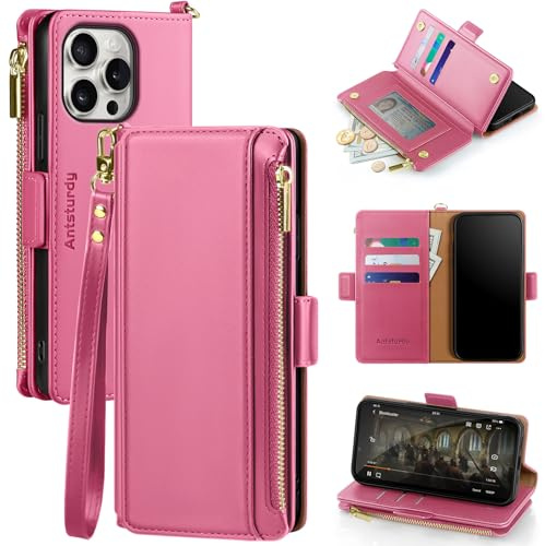 Antsturdy for iPhone 16 Pro Max Phone Wallet Case Women,Hot Pink | RFID Blocking,with Credit Card Holder Slots,PU Leather Purse,Zipper Pocket,Wrist Strap Kickstand,Flip Folio Cover for Men