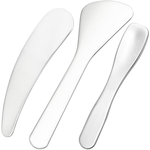 Pndeyo Mini Metal Makeup Spatula, Reusable Cosmetic Cream Spatula, Skin Care Applicator, Face Massage, Beauty Tools for Mixing and Sampling Face Eye Cream, Silver, Pack of 3