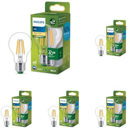 Philips LED Classic ultraeffiziente E27 Lampe (40 W), LED Lampe mit warmweißem Licht, energiesparende Lampe mit langer Nutzlebensdauer, Energieeffizienzklasse A, Klar (Packung mit 5)