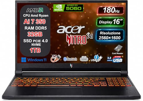 acer Nitro V 16 AI PC Copilot+ Notebook Gaming, AMD Ryzen AI 7 350, 32GB RAM DDR5 5600MHz, 1TB SSD PCIe, NVIDIA RTX 5060 8GB GDDR7, Display 16 WQXGA IPS 180Hz 2560x1600, WiFi 6E, USB4, Windows 11