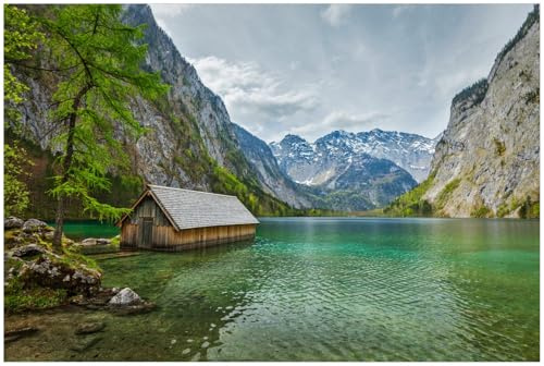Wallario Küchenrückwand selbstklebend 90 x 60 cm, Motiv: Berghütte an See | Spritzschutz abwischbar & pflegeleicht