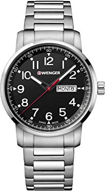 Wenger Herren Armbanduhr Attitude Heritage Ø 42mm, Swiss Made, Analog Quarz, Wasserdicht bis 100m, Edelstahl Armband, Schwarz/Silber, 01.1541.107