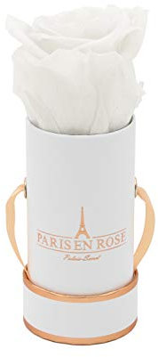 PARIS EN ROSE Rosenbox | mit einer weißen Infinity Rose Größe XL | ewige Rose | runde Box Weiß-Rosegold | 3 Jahre haltbar | Grußkarte