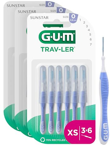 GUM TRAV-LER brossettes interdentaires | nettoyage en profondeur entre les dents | manche pliable | élimination de la plaque dentaire | 0.6mm, ISO 0 | Taille XS | Lot de 3x6