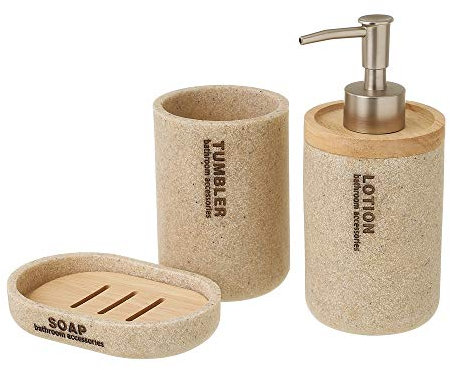 Juego de dispensador, jabonera y Vaso portacepillos de Resina y Madera Beige - LOLAhome